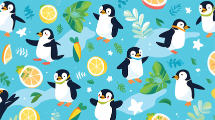Summer penguins vector seamless pattern 2d flat car