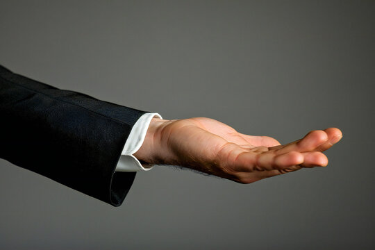 A businessman extends his hand with palm up. Product presentation or display 