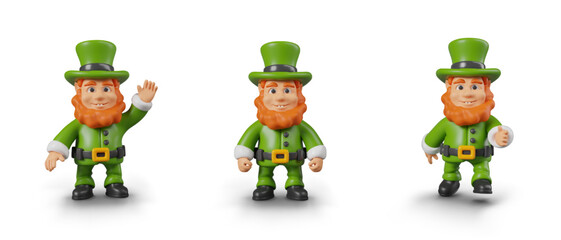 Set of leprechauns in different poses. Mythical man in green clothes