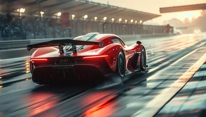 Foto op Canvas A red race car is speeding down a track by AI generated image © chartchai
