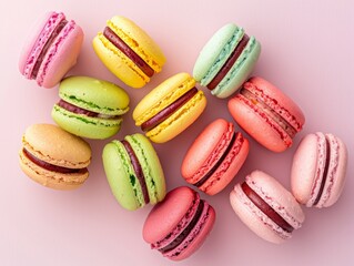 Fototapeta na wymiar Colorful French Macarons Assortment on Pastel Pink Background, Top View - Delicate Meringue Confections in Vibrant Shades with Fillings