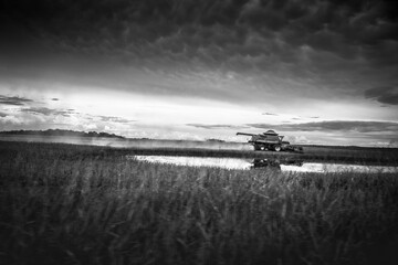 Grayscale shot of an agricultural machine working in the field.
