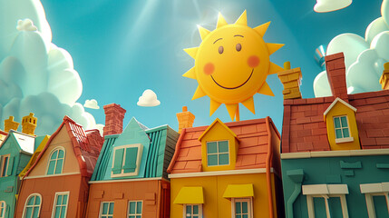 A row of colorful, animated houses under a smiling sun, each window featuring a different happy character, leaving sky space for text on community joy