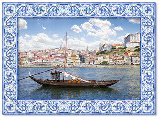Typical Portuguese wooden boats, known as barcos rabelos, were historically used to transport the famous Port wine to the cellars of the city in Portugal (Oporto-Europe) - Azulejos frame concept