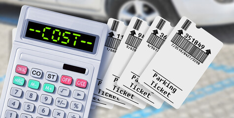 Parking costs concept with parking tickets - Parking payment concept with calculator - QR code is totally invented and cannot contain offensive language, brand names, or links to websites or products