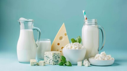 A colorful assortment of dairy items displayed against a vivid blue backdrop