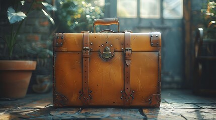 a sleek leather suitcase against a backdrop of soft sunlight, showcasing its elegant design and timeless appeal, in stunning 8k full ultra HD resolution.