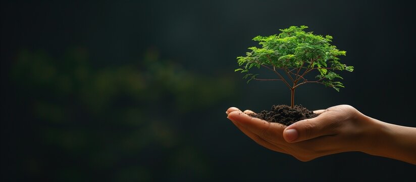 Ecology banner concept on a black background. Human hands are holding a small tree. Horizontal green photo ecology concept with copy space.