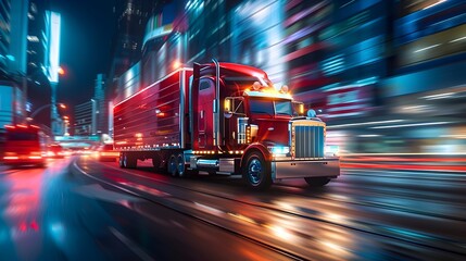 Semi truck speeding through a vibrant nighttime city with blurred neon lights and skyscrapers in the backdrop