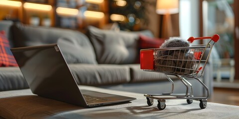 Overturned Mini Shopping Cart Beside Laptop in Cozy Living Room Depicting Online Shopping Mishaps - obrazy, fototapety, plakaty