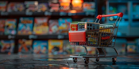 Gaming Store Online Cart with Vintage Game Cartridges on Laptop Display for Retro Digital Shopping and Entertainment Purchases