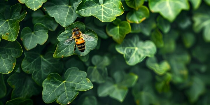 A solitary bee navigates the verdant ivy maze on a lush green wall a tiny explorer in a captivating natural world