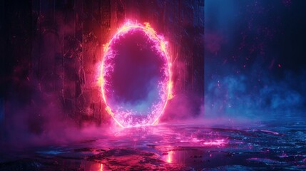 The portal looks realistic, with a level up and teleportation process highlighted by futuristic lighting and a bright wrap atmosphere. The neon energy circles are set off by a modern vertical - obrazy, fototapety, plakaty