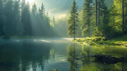 Schilderijen op glas Green fir forest, lake on background, light ray. Generative AI. © visoot
