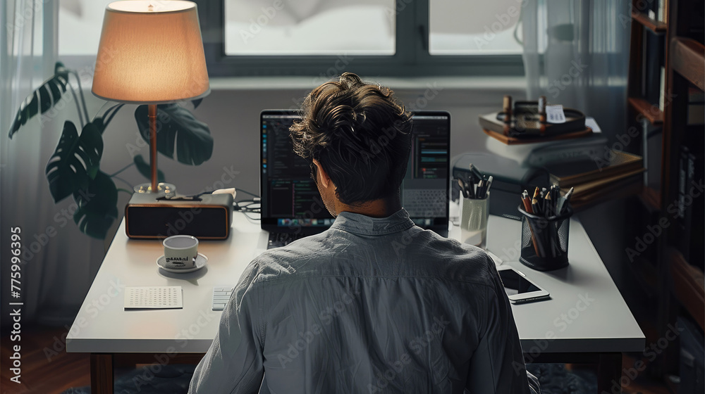 Aufkleber Rear view. A man working on a laptop, clean and tidy desk. Generative AI.