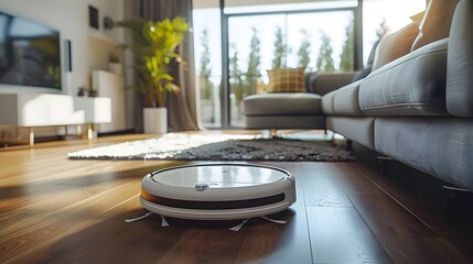 Robotic Vacuum Cleaner Navigating a Bright and Minimalist Living Room with Smart Cleaning Technology