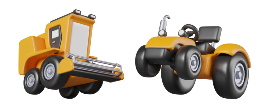 Realistic yellow harvester and tractor, angled view. Specialized heavy equipment set