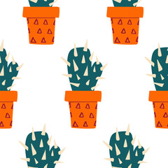 seamless pattern with hand drawn cactus flower in a vase. background, wrapping paper