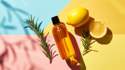 A cosmetic product bottle mockkup alongside a fresh lemon and sprigs of rosemary