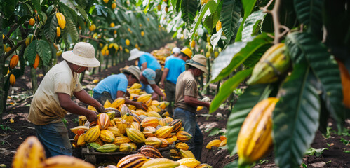 Cocoa fruit ( Theobroma cacao ) on tree Cacao, Chocolate Nut Tree, cocoa beans are processed into chocolate, Orange yellow cacao group pod, fruit ripe from tree, Harvest the agricultural