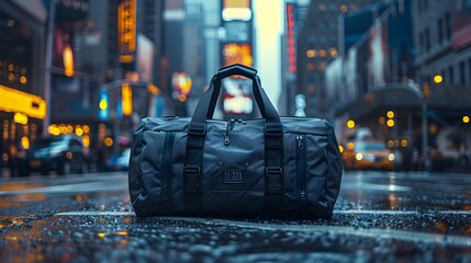 a versatile travel duffel bag, positioned against a backdrop of bustling city streets and iconic...