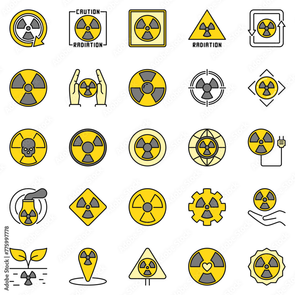 Sticker radiation warning colored icons. nuclear radioactive concept signs