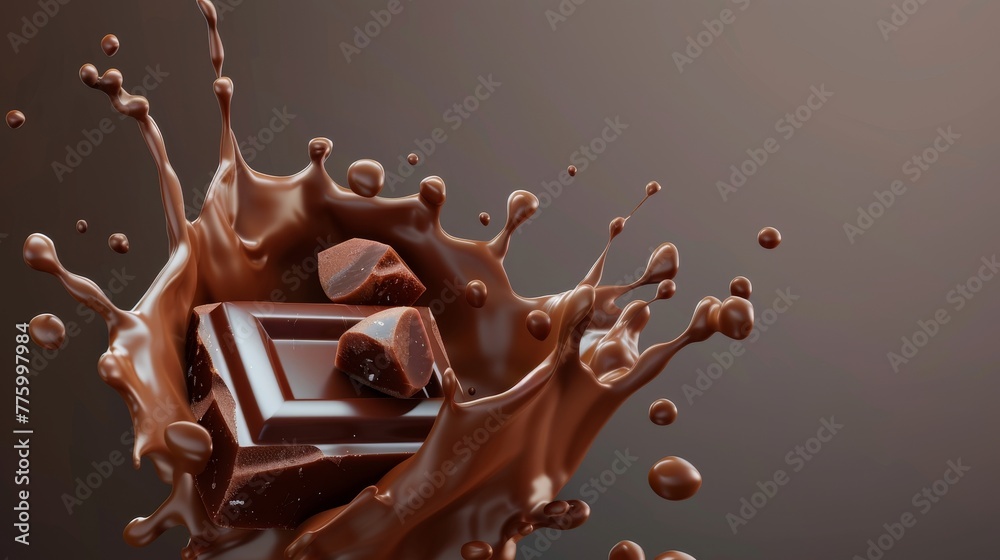 Poster food object with chocolate splash. 3d modern realistic food object.