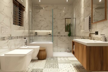 Sleek Black bathroom interior. Room mirror wall. Generate Ai