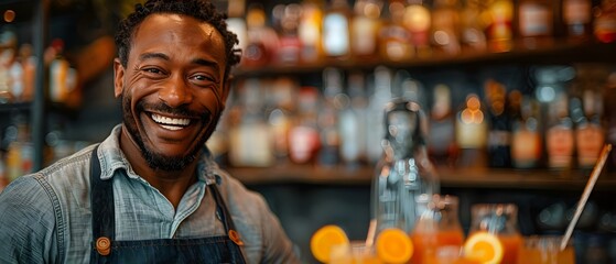 A bartender in an apron smiles as he serves drinks at a cozy bar expertly balancing bottles and glasses. Concept Food and Beverage, Bartending, Mixology, Bar Setting, Hospitality - obrazy, fototapety, plakaty