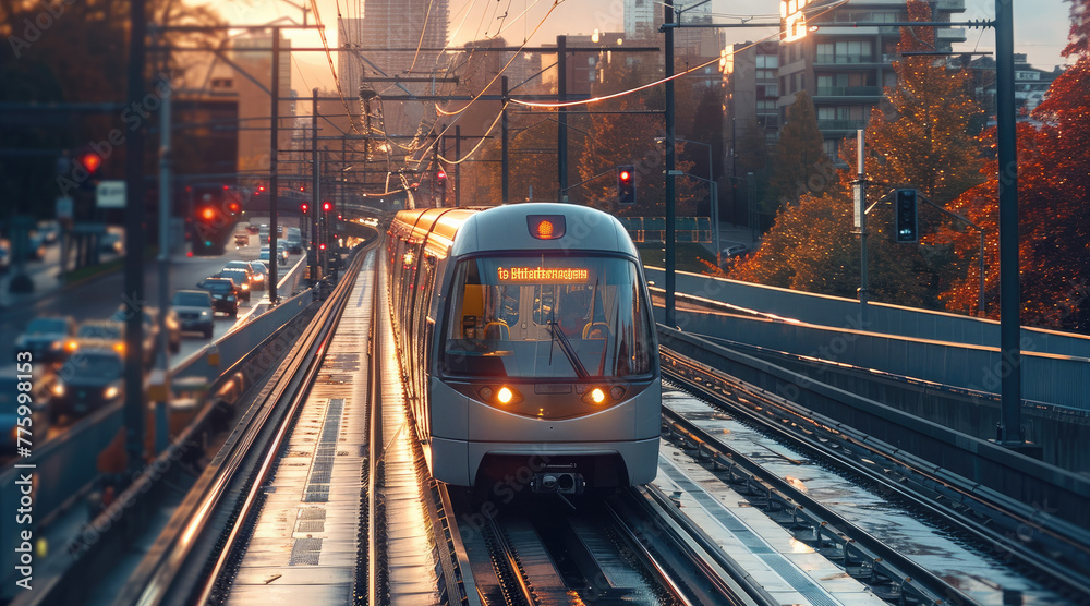 Poster the light rail passing city. generative ai.