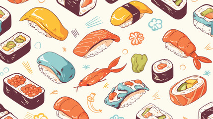 Sushi sketch. Seamless pattern with hand-drawn cart