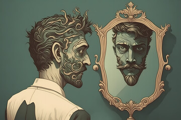 Man narcissism confident bearded guy mirror face