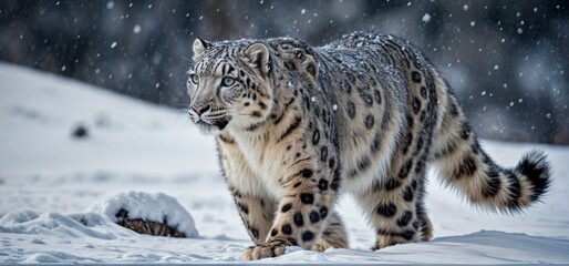 Obraz premium Snow Leopard Stalking in Snow close up photo - Himalayan Predator - Camouflage Expertise - Generative AI 