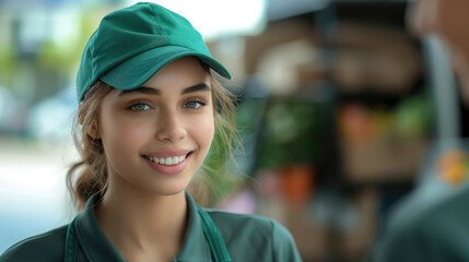 Modern young woman postal workers green collar t-shirt and customer interaction. Generative AI.
