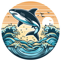 Shark jumping through the waves tshirt design. Smoothly and high-definition vectorized. The color and design shape are well organized.