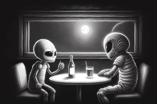 Aliens drinking two fiction creatures cafe table