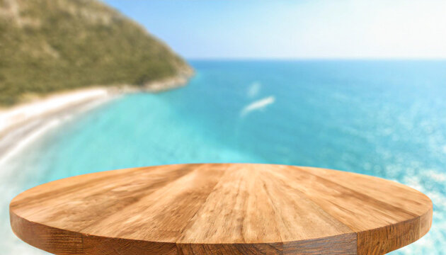Wooden table on the background of the sea, island and the blue sky. High quality photo.space for text
