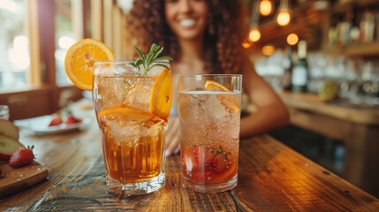 Close up of two glasses of cocktail with orange and rosemary on bar counter