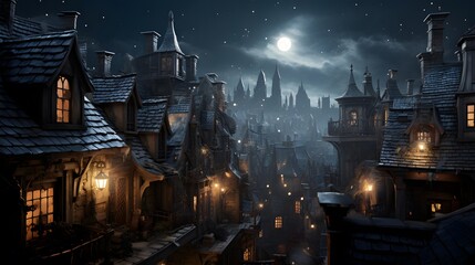 Fantasy landscape with old town at night. 3D illustration.