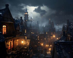 Panoramic view of the old town at night. Old houses in the fog.