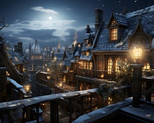 Fototapeta na wymiar Winter city at night with snow covered houses and lanterns, panorama