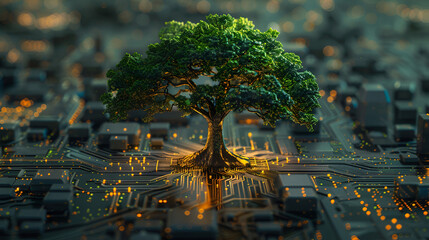 A beautiful large tree growing on the microchip computer, generative Ai