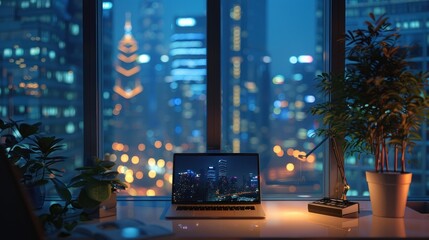 An office at home at twilight with a modern computer setup with a blank monitor screen in front of...