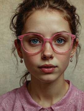 Vibrant Portrait of Curly-Haired Girl in Pink Glasses and Floral Top