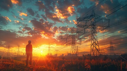 Silhouette of a person standing at a power plant at a high voltage pole at sunset over a city forest with towers and electric pylon silhouettes. Green energy or technology - obrazy, fototapety, plakaty