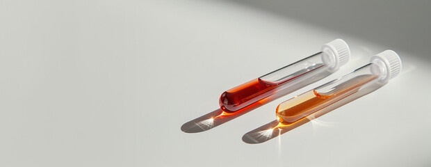 The vials lie horizontally, showcasing the distinct colors of blood and urine in medical testing, copy space . - obrazy, fototapety, plakaty