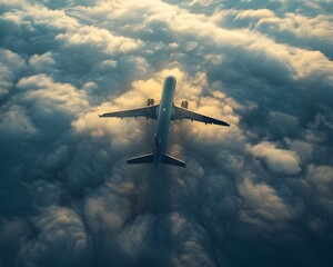Fototapeta premium Aerial Majesty Plane Casts Ethereal Shadow Across Expansive Cloud Formations at Cruising Altitude