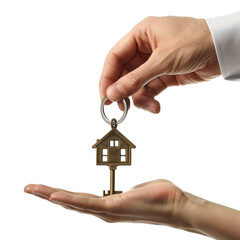 Man hand giving key to other person, Key in the shape of house, unique