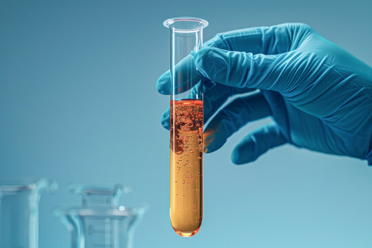 Urine test is foregrounded by a gloved hand positioning a sample in a lab, a testament to the precision in healthcare.