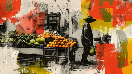 Contemporary Art Collage of California Farmer’s Market with Fresh Produce

